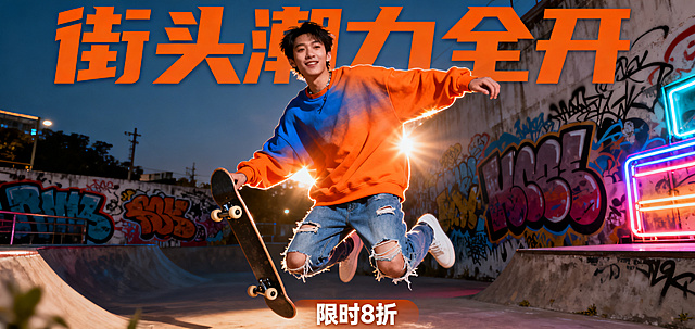 服装网店轮播图，潮流街头风格，电商 banner 设计，模特穿搭展示年轻活力，构图饱满有视觉冲击力，配色鲜艳吸引人