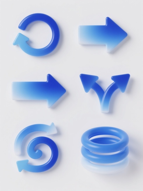 一组六个完全不同的蓝色渐变箭头图形元素集合，每个元素保持相同的3D立体风格、光滑渐变质感、白色高光和阴影效果，元素包括环形箭头、单向箭头组、双向箭头、分叉箭头、螺旋箭头和多层箭头，所有元素规整排列在纯白色纯色背景上，整体画面简洁现代，视觉层级清晰，信息传达高效。预览效果