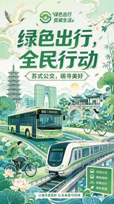 苏州公交车绿色出行宣传海报，整体风格结合参考图的国潮插画与扁平简约风格，保留原图红框内的logo不变，主标语为'绿色出行，全民行动'，副标题为'苏式公交，碳寻美好'，融合苏州特色建筑，融入地铁元素，整预览效果