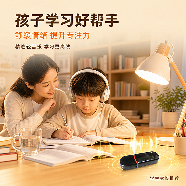[主图-2] 疗愈音乐U盘第二张主图，针对学生家长人群，营造安心专注的学习氛围。
[统一基调] 整体风格宁静治愈、专业高级；背景主色为温暖的米黄色渐变至浅木色，营造温馨书房氛围；标题字色为深棕色，辅助字色为暖橙色，强调色为柔和的暖黄色；字体为简洁现代无衬线体，字号层级分明；卡片和图标采用圆角半透明磨砂玻璃质感。
[画面] 产品位于画面右下方，占画面约35%，黑色U盘带红色装饰线，平放在木质书桌上，旁边有一盏温暖的台灯。左上方是一位母亲温柔地看着正在书桌前学习的孩子，孩子戴着耳机专注地写作业，神情平静专注。桌面上有课本、笔记本、一杯温水。背景是温馨的书房环境，书架上摆满书籍，暖黄色的灯光洒满整个空间。U盘周围有淡淡的金色声波扩散，象征着音乐帮助孩子集中注意力、平复情绪。
[光影质感] 商业摄影质感，主光来自右上方的台灯暖光，产品表面有温暖的高光反射，黑色亮面材质在暖光下呈现温润质感，阴影柔和自然，整体光线温暖明亮，营造温馨安心的家庭学习氛围。
[配色] 米黄色与浅木色渐变背景，深棕色标题文字，暖橙色辅助文字，暖黄色强调色，产品保持原有的黑色+红色装饰线外观。
[文字版式] 画面左上方主标题："孩子学习好帮手" 大号深棕色粗体；副标题："舒缓情绪 提升专注力" 中号暖橙色；下方小字："精选轻音乐 学习更高效" 小号深棕色。文字左对齐，不遮挡产品主体。右下角小字标注："学生家长推荐"。
[输出要求] 1:1正方形比例，2048x2048像素，文字清晰可读，产品清晰完整，画面温馨有温度。禁止变形、错字、模糊、杂乱、水印、平台Logo。禁止出现绝对化用语。
