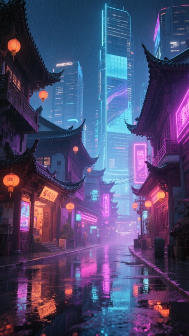 赛博朋克风格城市夜景，雨后湿润的街道倒映着绚烂霓虹，融合东西方建筑元素的未来都市，高耸入云的玻璃幕墙摩天大楼与传统飞檐翘角建筑交错，全息投影广告与中式灯笼并存，冷色调蓝紫色与暖色调粉橙色霓虹灯光交织，光线穿透湿润空气形成朦胧光晕，建筑表面细节丰富，具有强烈的未来科技感与复古东方韵味，整体氛围神秘而繁华，视觉层次分明，空间纵深感强，光影对比鲜明，材质表现细腻，呈现出独特的赛博朋克美学。预览效果