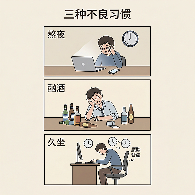 1:1正方形公众号漫画配图，简约浅底色，漫画展示熬夜、酗酒、久坐三种不良习惯，风格简洁明了