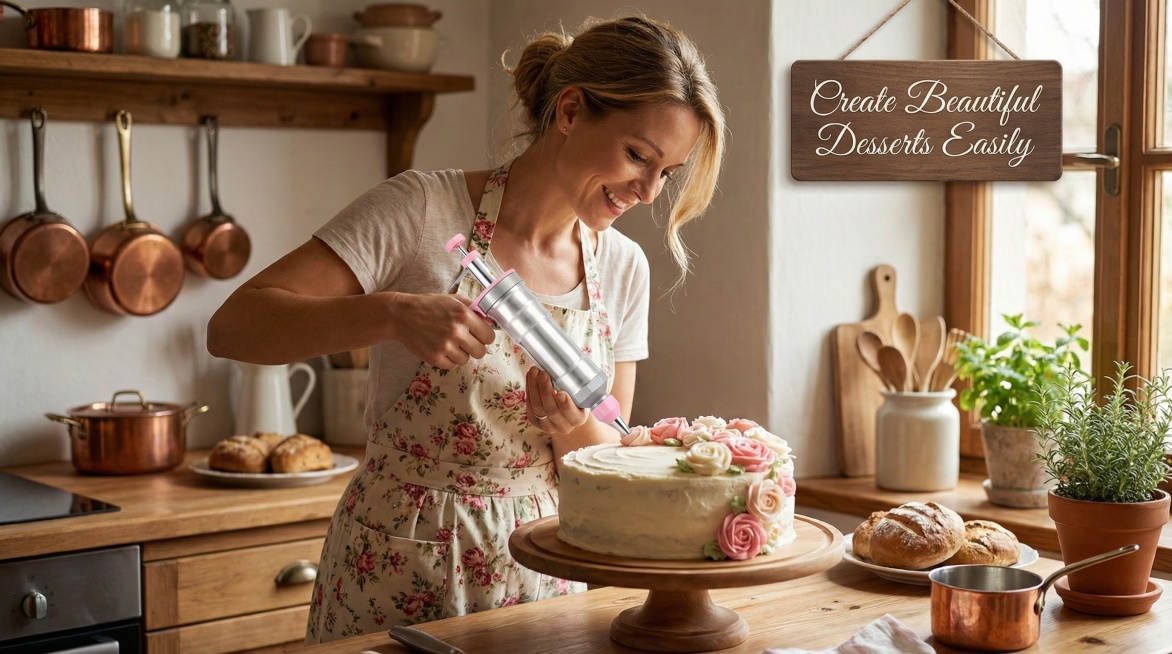 A European and American woman using this cream gun to create delicate cream flowers on a cake, warm预览效果