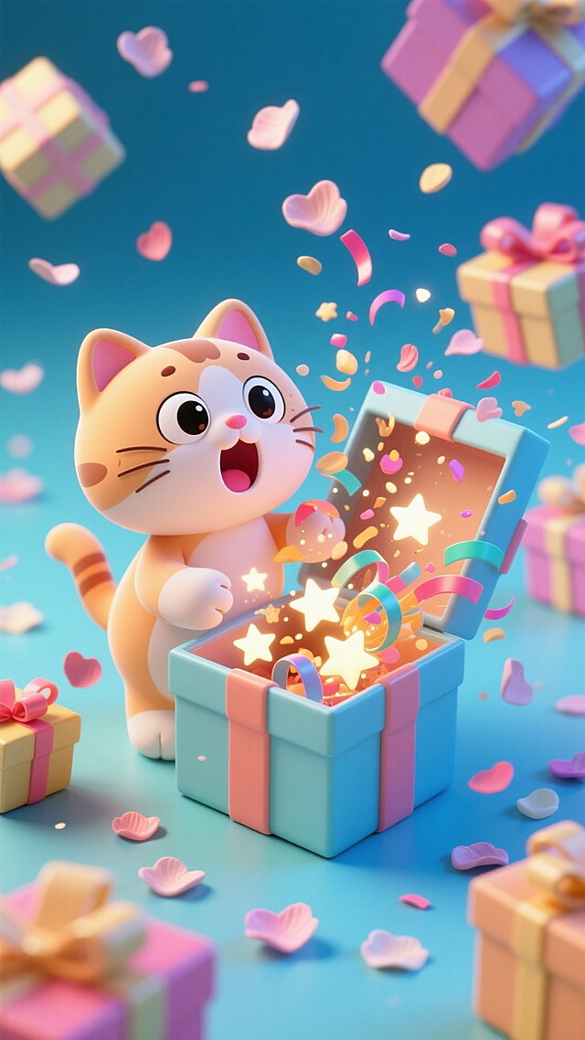 砰！你的快乐已送达  IP猫刚刚打开一个礼物盒，它惊喜地睁大眼睛，嘴巴张成“O”型。从打开的礼物盒里，不仅涌出了闪烁的星星和彩带，更有大量的花瓣喷涌而出，飘散在整个画面中。周围还散落着几个未拆的、不同大小的礼物盒。