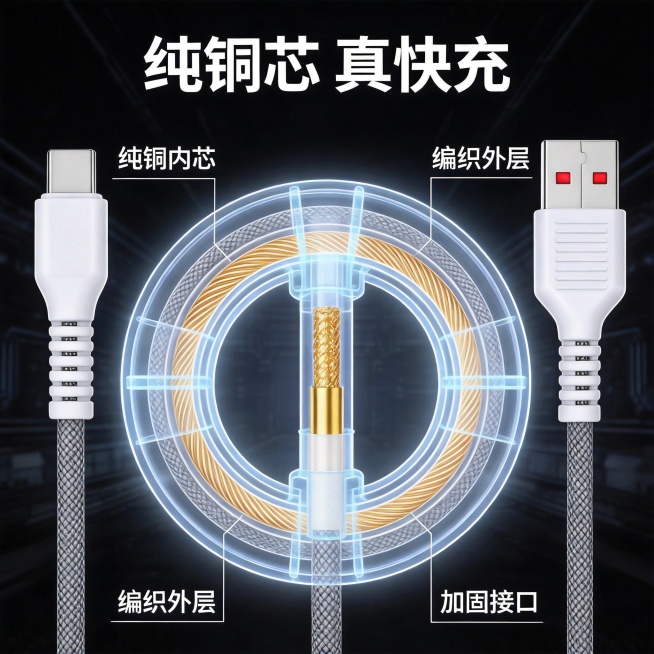「图片1」，生成一套主图（8张），商品名称是超快充数据线把数据线整理一下外观形状变成圆形，数据线头和细节一比一还原生成，卖点是充电快不伤机耐用不打结原装平替 有两个颜色 灰色和金色，适配拼多多平台，主预览效果