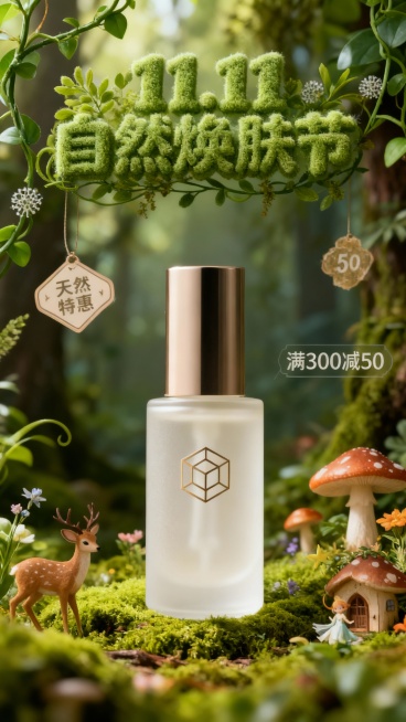 自然级美学，森系清新拼贴海报，以森林秘境（点缀苔藓绿植）为背景，视觉中心是天然护肤品，上方是森系绿3D植绒字体“11.11  自然焕肤节”，周围环绕绿色植物藤蔓、蘑菇孢子装饰、自然风促销标签、自然元素预览效果