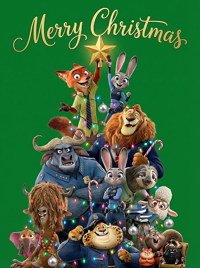 3D卡通风格，拟人化动物角色堆叠成圣诞树，点缀彩灯与装饰，绿色背景衬托喜庆氛围，拼贴式构图传递节日欢乐。