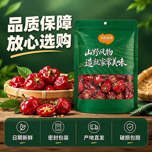 [主图-8] 服务保障 品质承诺 放心购买
[统一基调] 整体风格自然山野食材质感 背景主色深绿渐变配暖木色点缀 标题字色米白加粗 辅助字色浅金 强调色正红 字体为厚重粗黑体 字号层级分明 卡片用圆角半透明深绿底 整体传递产地直供品质感
[画面] 画面主体为稻田绿洲灯笼椒包装袋 居中偏右摆放 旁边有新鲜辣椒和竹编道具点缀 背景为简洁深绿色渐变 画面下方或左侧排列四个服务保障图标加文字 图标简洁明了 分别对应不同服务承诺 整体传递信任感 打消购买顾虑
[光影质感] 柔和均匀光线 产品质感真实 辣椒红润有光泽 整体干净专业 商业摄影质感
[配色] 深绿渐变背景 深绿包装 正红辣椒 米白标题字 浅金辅助字 白色图标 整体稳重可信
[文字版式] 画面左上方大标题 品质保障 放心选购 粗黑体米白色 字号最大 下方四个服务项横向或竖向排列 分别配图标和文字 日期新鲜 密封包装 产地直发 破损包赔 白色字配简洁线性图标 放在深绿半透明圆角卡片上 文字清晰不遮挡产品主体
[输出要求] 比例1:1 2048*2048 文字清晰可读 产品清晰 无变形 无错字 无模糊 无水印 无平台Logo 禁止极限词