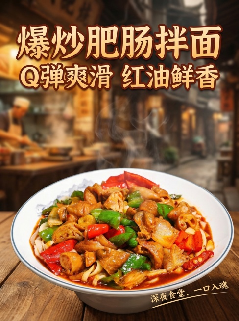 爆炒肥肠拌面美食宣传海报，电影级质感，细节丰富，红油鲜亮，肥肠Q弹有光泽，青红椒饱满鲜艳，面条筋道挂汁，整体充满美食诱惑力，氛围温暖有食欲预览效果