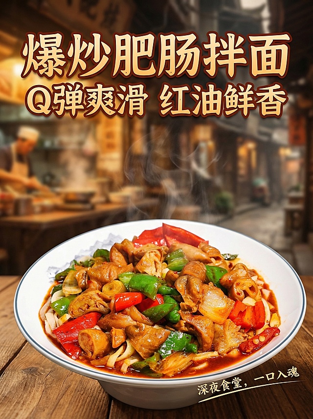 爆炒肥肠拌面美食宣传海报，电影级质感，细节丰富，红油鲜亮，肥肠Q弹有光泽，青红椒饱满鲜艳，面条筋道挂汁，整体充满美食诱惑力，氛围温暖有食欲