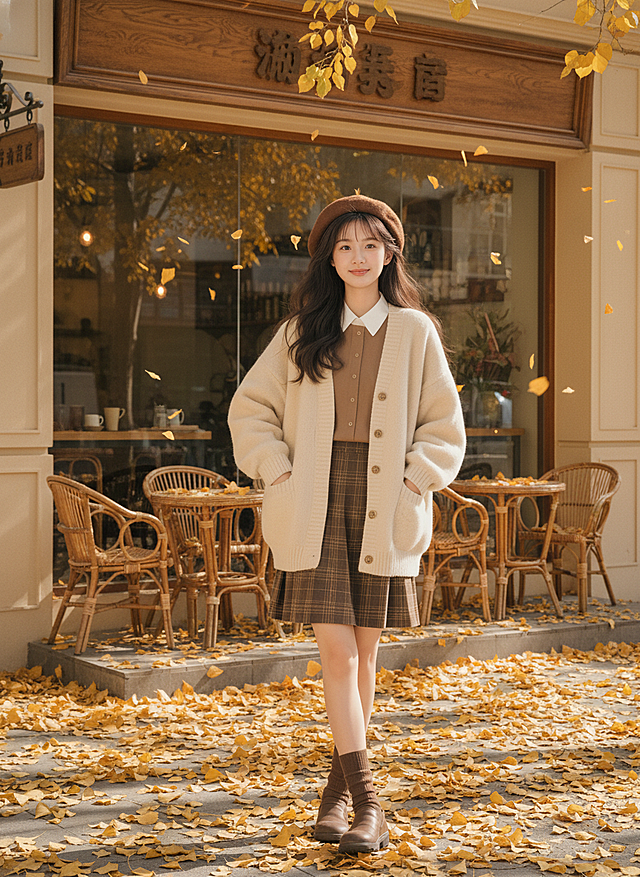 复古文艺风秋日街景，暖色调油画质感，轻拟物面料细节，东亚风情咖啡馆前落叶纷飞，营造温馨舒适实景氛围。