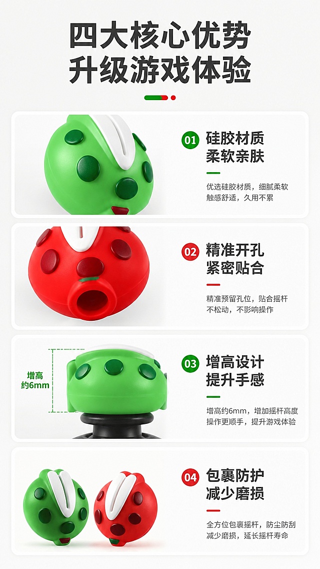 [第3屏] 核心卖点总览屏，萌趣食人花摇杆保护帽四大优势汇总。本屏使用【图3】绿色款和【图4】红色款摇杆帽作为产品展示。
[氛围/风格] 清晰模块化设计，延续统一浅灰背景，保持产品原有颜色外观不变
[元素布局] 顶部标题区，下方分四大卖点区块，每个区块配对应产品局部细节图，左图右文排布，整体疏密有致，保留产品原有外观色彩
[光影质感] 均匀布光，每个区块光照一致，细节清晰可见
[配色色系] 全局统一底色 #F5F5F5，主色深灰文字，对应产品本身红绿点缀，保持配色协调统一
[视角构图] 从上到下分块排版，符合手机端竖屏阅读习惯
[文字版式] 顶部主标题「四大核心优势 升级游戏体验」，四个卖点分别为：「硅胶材质 柔软亲肤」「精准开孔 紧密贴合」「增高设计 提升手感」「包裹防护 减少磨损」，每个卖点配简短说明文字，字号适中清晰可读
[比例分辨率] 9:16 竖版比例，4K分辨率，高清画质
[负向提示词] 产品变形，颜色改变，文字错乱，遮挡主体，背景杂乱