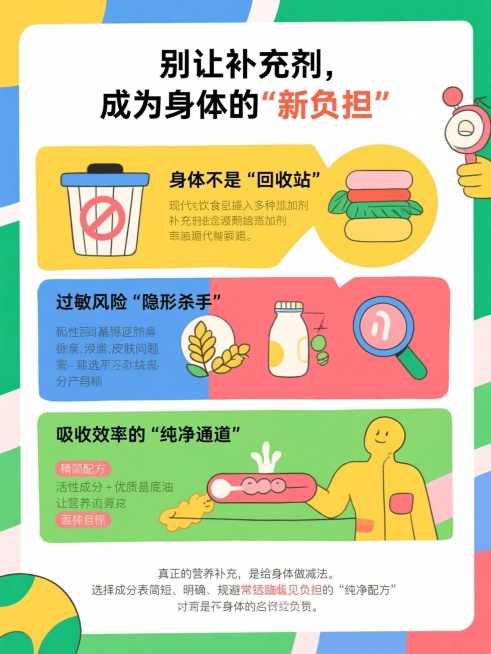 (设计风格：简约信息图或漫画对比风格)

标题：别让补充剂，成为身体的“新负担”

核心文案（分点排版）：

身体不是“回收站”

现代饮食中，我们已不可避免摄入多种添加剂。

每日服用的补充剂若含不预览效果