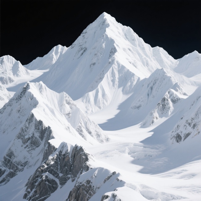 超写实风格雪山群峰，白色背景，巍峨连绵的雪山主峰与群峰错落分布，山体表面覆盖厚实积雪，岩石纹理与积雪层次分明，山脊线锐利清晰，受光面呈现明亮的冰雪质感，背光面形成深邃阴影，整体光影对比强烈，营造出圣洁、壮丽、宁静而磅礴的自然氛围，画面构图开阔大气，雪山细节丰富，立体感十足。预览效果