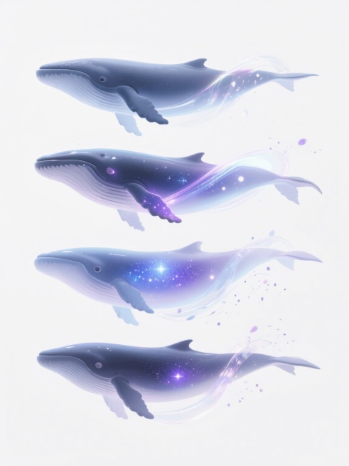 4个不同品种、不同外观的鲸鱼，白色背景，排列整齐，鲸鱼身体呈现半透明渐变质感，内部有星空般的蓝色和紫色闪光点，身体周围有流动的透明光带和飞溅的粒子效果，整体风格梦幻唯美，具有数字艺术的平滑过渡和细腻的光影表现。预览效果