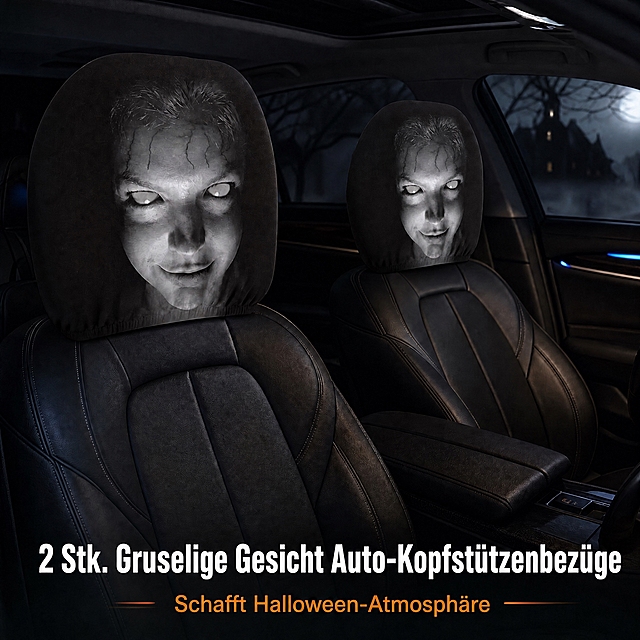 将图1底部英文文字替换为德语：主标题"2 Stk. Gruselige Gesicht Auto-Kopfstützenbezüge"，副标题"Schafft Halloween-Atmosphäre"。保持汽车、鬼脸头枕套、车内场景和整体氛围完全不变，只替换文字，字体风格和位置一致，超清正方形1:1亚马逊德国站主图