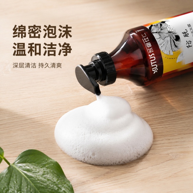 「图片1」，生成电商主图（5张），商品名称是苏图仕防脱固发洗发水，卖点是植物萃取，温和不刺激，适配抖音平台，主图比例为1:1预览效果