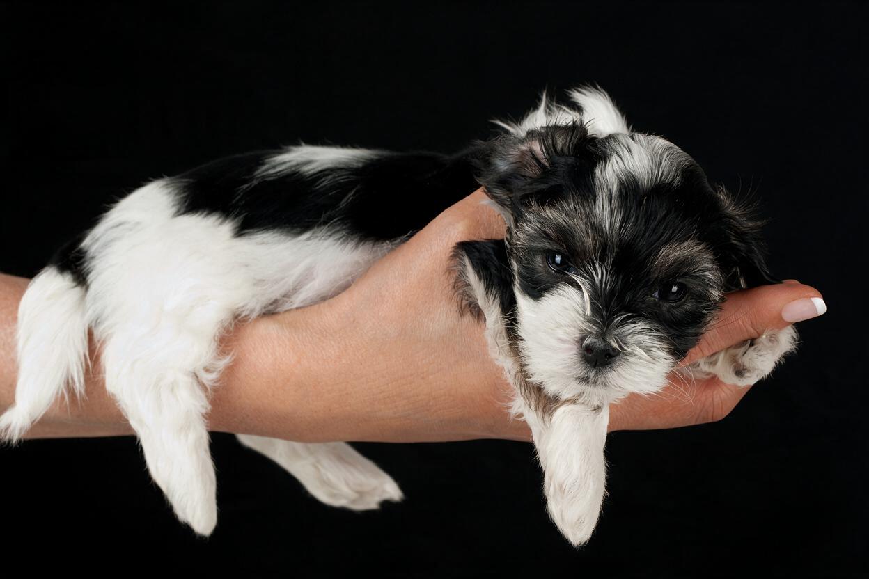 参考图中一只手托着黑白花色的幼犬，保持小狗和手的形态、姿态、毛… - 图片创意预览