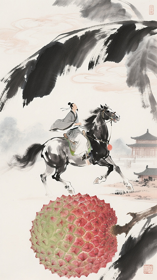 古典中式工笔水墨风，超现实主义融入，骏马疾驰，荔枝巨大如山，意境深远。