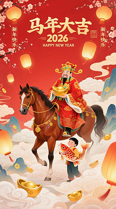 以正红为底色画面主体是身着华丽红金吉服的财神骑棕马，占画面三分之二的位置，旁伴持锦鲤的孩童，点缀灯笼、元宝、祥云、梅花等吉祥元素，上方有 “马年大吉”“2026”“HAPPY NEW YEAR” 字样，左右侧配 “新年快乐”，整体喜庆热闹，传递马年招财纳福的新春祈愿。