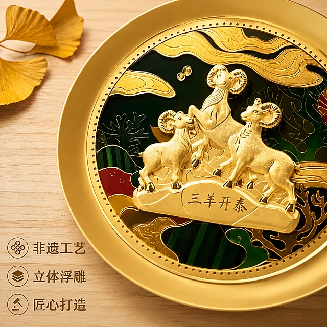 [主图-2] 三阳开泰立体金饰摆件工艺细节卖点图。
[氛围风格] 新中式轻奢，清晰质感，商业摄影。
[画质] 超高清微距特写，纹理细节清晰，光线均匀柔和。
[元素] 放大特写三羊开泰摆件的金色羊身雕刻细节，展示浮雕纹理、描金边缘、釉面光泽，保持产品雕刻结构、金色质感、颜色与输入产品图一致，杜绝变形与色差，细节部分精细化处理，主体占比约75%。周围用浅原木桌面衬托，左上角点缀一片银杏叶装饰。
[光影] 顶部柔光漫射，均匀照亮雕刻纹理，浮雕凹凸处保留自然阴影，突出立体感，金属光泽通透自然。
[配色] 主色金色、深木色，浅原木背景，突出细节质感。
[视角构图] 局部微距俯视，焦点清晰落在雕刻纹理处，背景轻微虚化。
[文字版式] 左下分三行排列卖点：第一行「非遗工艺」配小图标，第二行「立体浮雕」配小图标，第三行「匠心打造」配小图标，文字浅棕色不遮挡主体细节。
[输出要求] 1:1比例，2048px×2048px分辨率，超高清商业摄影质感。
[负向提示词] 变形，文字错乱，产品模糊，背景杂乱，水印，电商平台Logo。