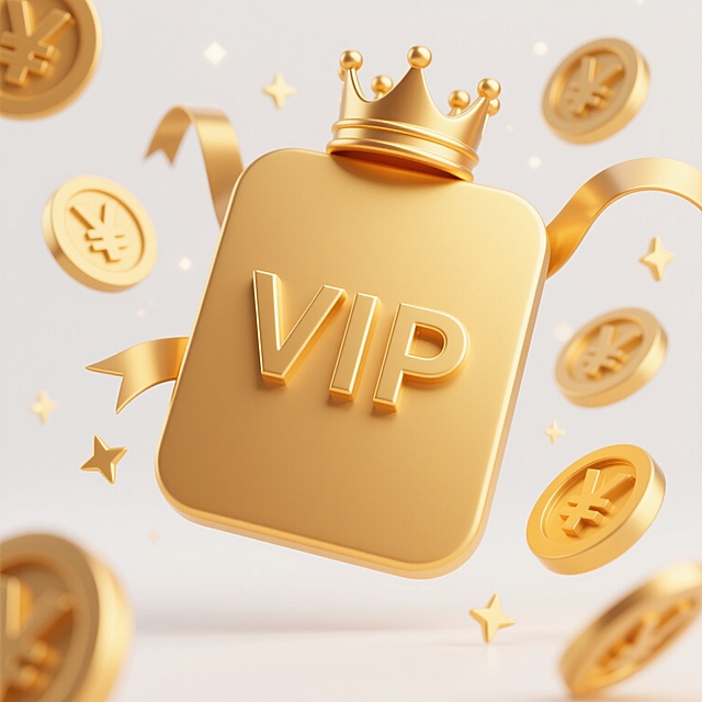 软3D风格金色VIP卡片，卡片呈圆角矩形，表面有细腻光泽感，中央立体凸起的金色“VIP”字样，顶部装饰金色小皇冠，皇冠两侧有金色丝带自然垂落，卡片周围环绕多枚带有¥符号的金色硬币，部分硬币有动态悬浮效果，点缀少量金色星形光斑，整体色调为温暖的金黄色系，光影柔和，高光细腻，营造出尊贵、喜庆的氛围，背景为纯白色。