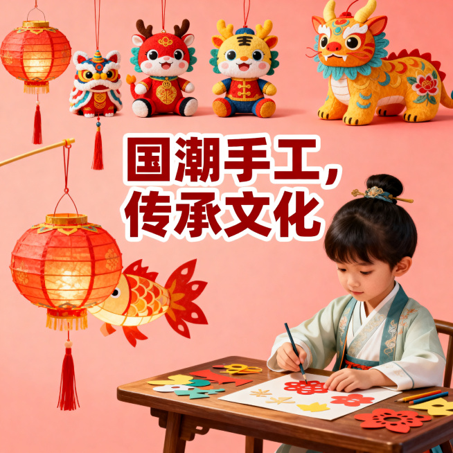 中式卡通国潮风正方形电商主图，浅红色背景，儿童手工材料包，展示用材料制作完成的中式灯笼、生肖玩偶成品，搭配小朋友制作手工的画面，画面有文案："国潮手工，传承文化"，高清无水印预览效果