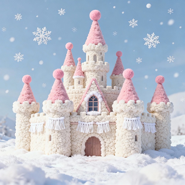 梦幻软3D风雪中城堡，毛发生长质感搭配粉色绒顶，可爱卡通造型，营造甜蜜冬日童话氛围。