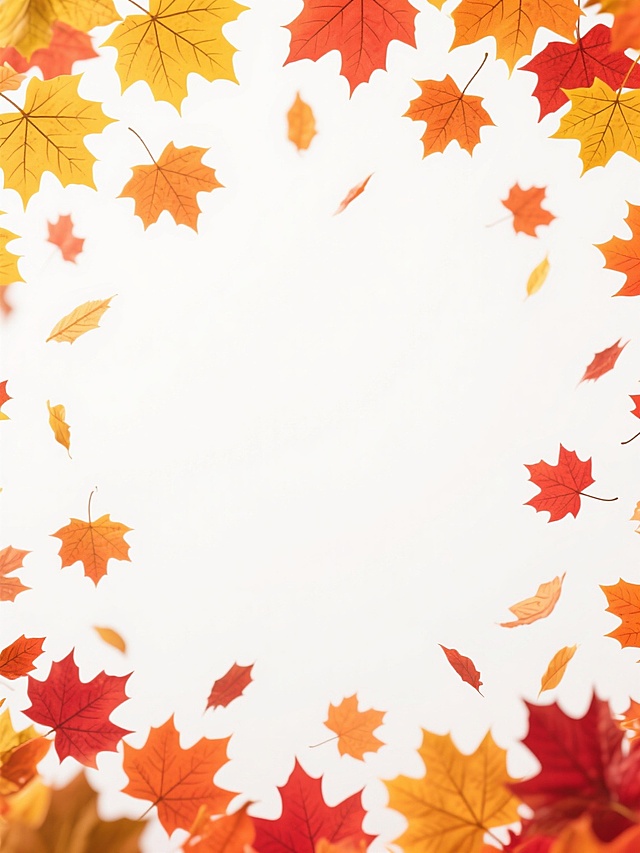 白色背景，顶部和底部边缘分布着大量飘落的枫叶，枫叶呈现出从黄色到橙色再到红色的渐变色彩，枫叶的形状和脉络清晰可见，整体画面充满了秋天的氛围。