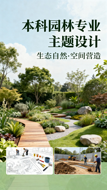 本科园林专业主题设计宣传图，画面展现生态自然的园林景观，包含多样植物，体现园林工程设计，空间层次感丰富，突出动手营造空间的专业特点，整体风格清新自然预览效果