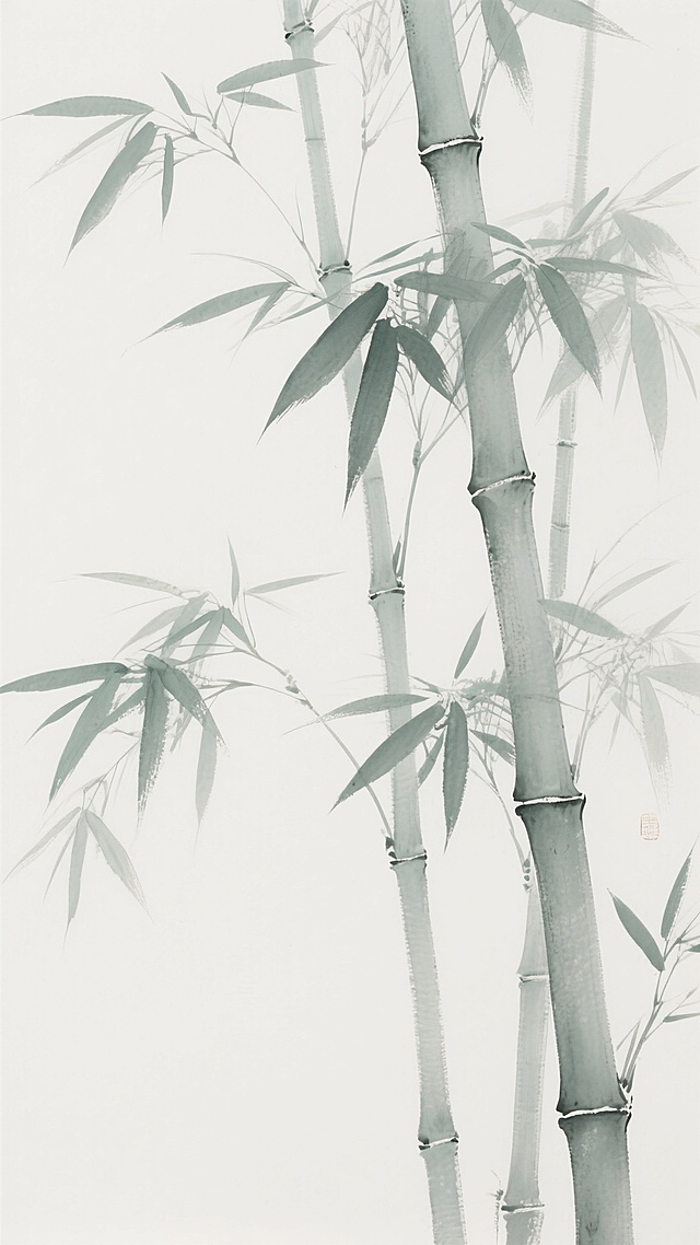 水墨风格的竹子插画，以淡雅的灰绿色为主色调，竹叶采用细腻的笔触勾勒，竹节纹理清晰可见，整体构图简洁疏朗，留白恰到好处，营造出宁静悠远的东方意境，竹子的形态挺拔向上，展现出坚韧不拔的气质，画面充满自然的生机与禅意。