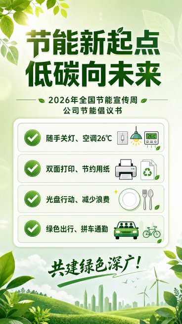 绿色节能宣传海报，顶部大标题为“节能新起点 低碳向未来”，副标题为“2026年全国节能宣传周 公司节能倡议书”，内容罗列四点倡议：✅ 随手关灯、空调26℃ ✅ 双面打印、节约用纸 ✅ 光盘行动、减少浪预览效果