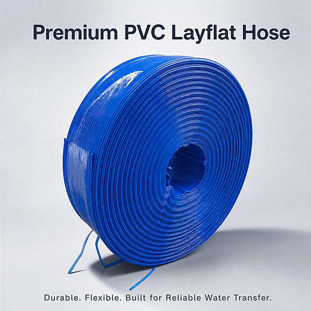 [第1屏] This is the hero header page for a blue PVC layflat water hose. This screen uses [image1] as the product main body.
[氛围/风格] Professional industrial style, minimalist commercial photography, realistic product texture, low-saturation background. Highlight the product itself with clean composition.
[元素布局] The blue PVC hose roll is placed in the center of the frame, occupying about 65% of the total space. The product structure, material texture, and bright blue color remain consistent with the input image. Add a subtle gradient background and leave clean space for text at the top and bottom.
[光影质感] Soft directional lighting from the upper left, natural shadow projection at the bottom right, clear highlights on the glossy PVC surface, sharp focus on the entire product.
[配色色系] Global background #f0f2f5; main color: product bright blue; auxiliary colors: dark gray text, light gray background.
[视角构图] 45-degree oblique perspective, product is the absolute visual center, clear reading flow from top title to center product to bottom subtitle.
[文字版式] Layout: top main title + center product + bottom subtitle. Main title: "Premium PVC Layflat Hose"