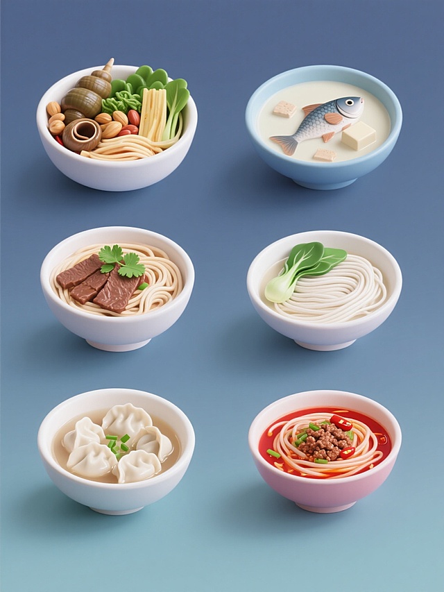 纯色背景，软3D风格插画，六个规整排布的美食元素集合，每个元素为不同种类的粉面汤品：左侧上方是盛在白色碗中的螺蛳粉，点缀着螺蛳、酸笋、花生和青菜；左侧中间是牛肉粉，棕色的牛肉片铺在米粉上，配有绿色香菜；左侧下方是馄饨汤，白色的馄饨漂浮在清澈的汤中，撒有葱花；右侧上方是鱼汤，奶白色的汤里有鱼肉块和豆腐；右侧中间是清汤粉，简约的白色米粉搭配几片青菜；右侧下方是酸辣粉，红色的汤汁中可见红薯粉、肉末和辣椒油。整体采用柔和的渐变色彩，每个碗具和食材都有细腻的3D质感和轻微的光影效果，画面布局对称平衡，色彩明快统一，具有鲜明的视觉层级和高效的信息传达，符合美食主题的设计感。
