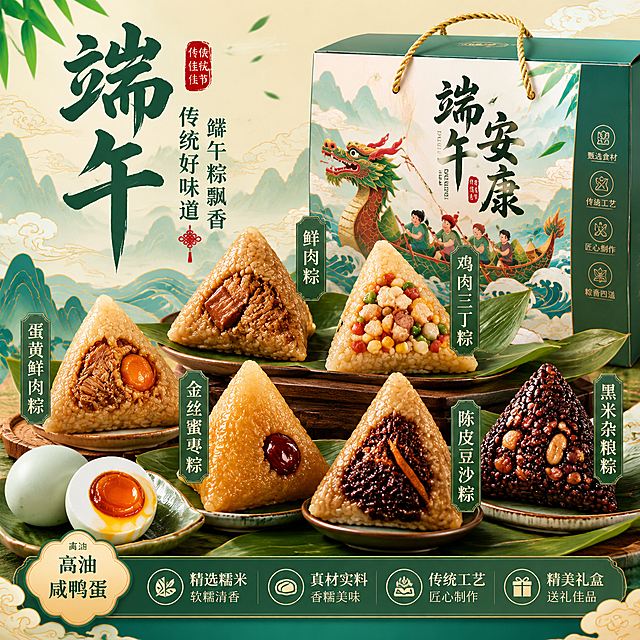 一张端午节粽子产品主图，展示多款口味粽子：鲜肉粽、鸡肉三丁粽、蛋黄鲜肉粽、金丝蜜枣粽、陈皮豆沙粽、黑米杂粮粽，搭配高油咸鸭蛋，整体风格国潮端午风，清晰展示产品
