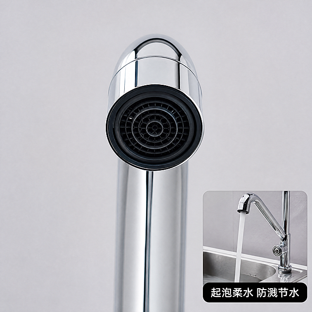 [主图-3] 乔驰单冷大弯水龙头工艺细节展示
[氛围风格] 微距特写高级质感
[画质] 商业摄影质感，光线柔和通透，产品清晰真实，画面干净高级
[细节处理] 保持水龙头外观（物理结构、材质质感、颜色）与输入产品图绝对一致，杜绝任何变形和色差，精细化处理，清理水渍划痕，金属电镀表面干净通透
[元素] 主画面为水龙头出水口起泡器微距特写，展示蜂窝过滤网细节，右下角小画中画展示出水效果，自然柔和水柱落入水槽，短标签标注「起泡柔水 防溅节水」。背景干净浅灰，主体放大突出细节。商品主体占比合理，画面满屏无边框。
[光影] 侧光突出金属纹理和起泡器网孔细节，高光干净，阴影柔和
[配色] 浅灰背景衬托镀铬银色金属质感，黑色出水标签对比清晰
[视角构图] 特写平视，主体放大，画中画右下角点缀，构图简洁重点突出
[文字版式] 画中画下方短标签，字重适中，清晰可读
[比例分辨率] 1:1比例，4k分辨率，文字清晰可辨，超高清
[负向提示词] 变形，水印，文字错乱，产品图模糊，背景杂乱