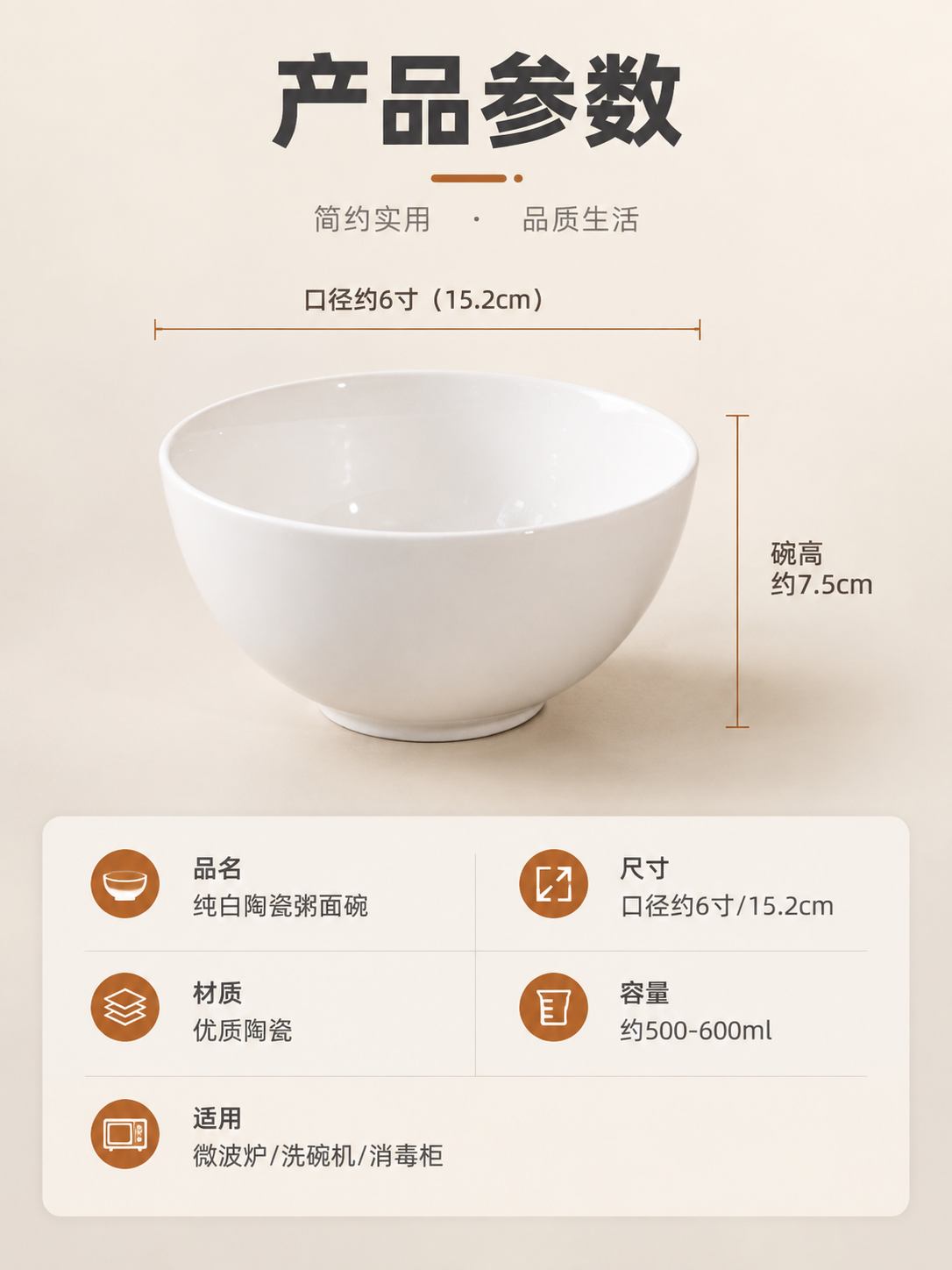 [商品] 使用【图1】6寸纯白陶瓷粥面碗；保留碗的圆润造型、纯… - 图片创意预览