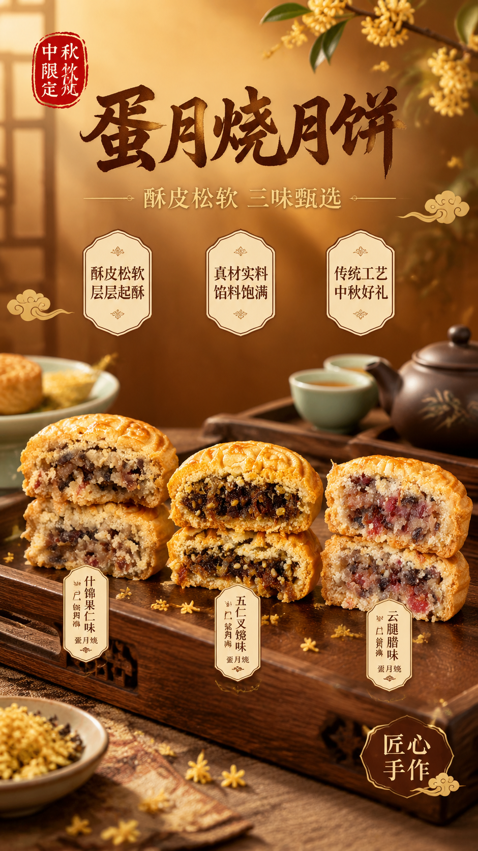 新中式国风蛋月烧月饼海报，竖版9:16。画面中下部陈列3款不同… - 图片创意预览