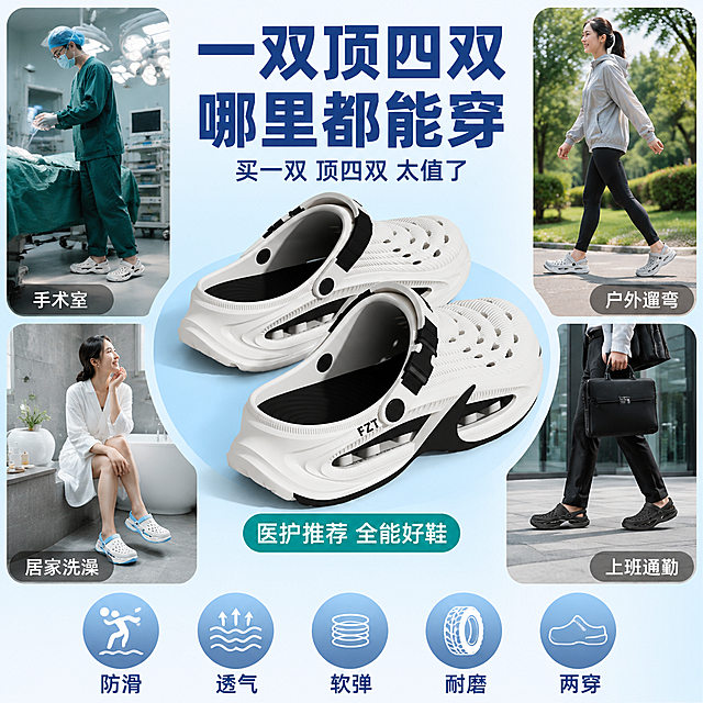[主图-9] 适用场景全图 多场景都能穿
[氛围风格] 拼多多风格 场景丰富 实用性强 一鞋多用
[画质] 商业摄影拼贴质感 各场景清晰 产品统一 风格协调
[元素] 画面分为四个场景小图 2x2排列 左上医院手术室场景 白黑配色洞洞鞋 左下居家浴室场景 白蓝配色洞洞鞋 右上户外散步场景 灰色洞洞鞋 右下上班通勤场景 黑色洞洞鞋 每个小图中都有对应场景的环境和鞋子穿着效果 中间有大的主图 一双白黑配色洞洞鞋居中 背景为浅蓝渐变 保持各款洞洞鞋外观即物理结构材质质感颜色与输入产品图一致 杜绝任何变形和色差 精细化处理
[光影] 各场景光影自然统一 主图区域光线明亮 小图场景光影符合各自环境 整体色温统一
[配色] 主色浅蓝多功能色 辅色白色 各场景有各自色调但整体协调 文字深蓝和白色
[视角构图] 中心放射构图 中间大图为主 四角小图环绕 视觉层次分明
[文字版式] 顶部通栏大字 一双顶四双 哪里都能穿 深蓝色超大号粗黑体 副标题 买一双 顶四双 太值了 深蓝色中号 四个小图分别标注 手术室 居家洗澡 户外遛弯 上班通勤 白色字半透明底 中间主图旁标注 医护推荐 全能好鞋 青绿色底白字 底部五个圆形图标横向排列 防滑 透气 软弹 耐磨 两穿 每个图标下有小字 深蓝色字
[输出要求] 1:1比例 文字清晰可辨 超高清商业摄影质感
[负向提示词] 变形 文字错乱 产品图模糊 背景杂乱 水印 电商平台Logo 多余的手 多余的手指 畸形手 融合手指 手部扭曲 肢体穿模 人物面部扭曲 关节反折