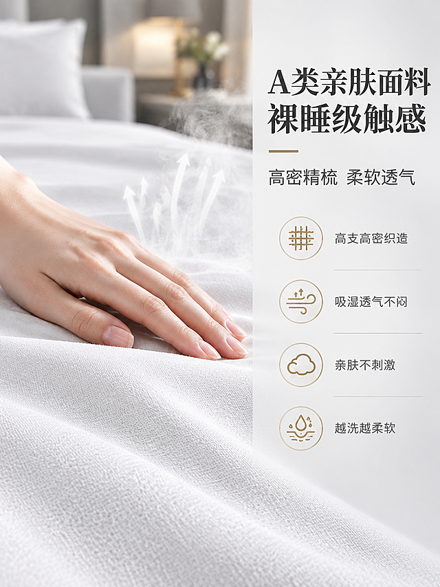 [商品] 使用【图4】白色床笠面料特写；保留纯白色面料纹理、细腻织物质感；增强面料微距细节，突出经纬纱线与柔软触感。
[画面] 页面目标：展示亲肤透气面料质感。左图右文布局，左侧60%为面料微距特写大图，一只女性的手轻轻抚摸面料，手背轻贴布面，体现亲肤触感，面料纹理清晰可见，有轻微蒸汽穿透效果展示透气性。右侧40%为文案信息区，背景浅灰渐变。画面有3层视觉：前景手部与面料、中景布面纹理、背景虚化卧室环境。
[视觉] 套系策略：风格=简约高级酒店商业摄影；标题字=现代衬线粗体；正文字=简洁无衬线体；主色=纯白+深灰；背景延展=基于深灰与白色做深浅层级、同色渐变和细腻织物/哑光质感；强调色=香槟金，仅用于小面积图标、引线和标签；标题色=深炭灰；正文色=中暖灰；组件=细线分割、圆角浅底信息卡、简约图标；光影=柔和侧光，突出织物纹理立体感。
[文字] 右侧主标题：A类亲肤面料 裸睡级触感；副标题：高密精梳 柔软透气；下方4个卖点：高支高密织造 吸湿透气不闷 亲肤不刺激 越洗越柔软。每个卖点配简约小图标，竖排排列，文字清晰可读。
[规格] 图片比例3:4竖版，4K高清，面料纹理清晰，手部自然无畸形，避免变形、错字、冷蓝背景、水印、平台logo。