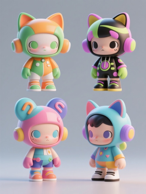 一组4个不同配色、不同样式、不同材质的潮玩元素，采用干净风格，符合现实逻辑，适用于素材使用。每个潮玩元素都具有鲜明的色彩对比，样式独特且富有创意，材质表现细腻真实。整体设计简洁明快，线条流畅，细节丰富，色彩搭配和谐统一，展现出强烈的视觉冲击力和时尚感。预览效果