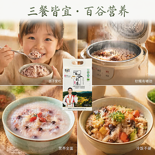 [主图-3] 多场景食用主图，童米家百谷糙米
[氛围风格] 生活电影感 + 温情叙事, 覆盖家庭三餐与健康轻食场景
[画质] 电影级柔焦摄影质感, 光线温暖自然, 画面有呼吸感
[元素] 2x2四宫格拼贴式构图（非简单分割，带轻微景深过渡）：①左上：儿童用小碗吃百谷糙米饭（特写笑容与多色米粒）；②右上：电饭煲开盖瞬间热气升腾（百谷米香可视化）；③左下：百谷糙米粥盛于青瓷碗，撒枸杞点缀；④右下：百谷糙米焖饭配蔬菜，呈现饱满颗粒。【图1】包装袋以小尺寸置于四宫格中心交界处，作为品牌锚点
[光影] 各格独立布光：儿童格柔光正面光；电饭煲格侧逆光突出蒸汽；粥格顶光强调汤汁光泽；焖饭格窗光营造午后温馨感
[配色] 全局统一暖调：#FDFBF7（底色）；各格主色协调：米白、浅褐、橄榄绿、陶土红
[视角构图] 四宫格呈菱形排列, 中心包装为视觉枢纽; 每格保留1/4负空间用于文字
[文字版式] 顶部居中主标题「三餐皆宜 · 百谷营养」深绿手写体; 每格右下角加1行短标：①「孩子爱吃」②「软糯有嚼劲」③「营养全面」④「冷饭不硬」, 字体统一为无衬线细体
[比例分辨率] 1:1比例, 4K分辨率, 文字清晰
[负向提示词] 场景割裂, 人物失真, 包装错位, 文字遮挡, 蒸汽过假