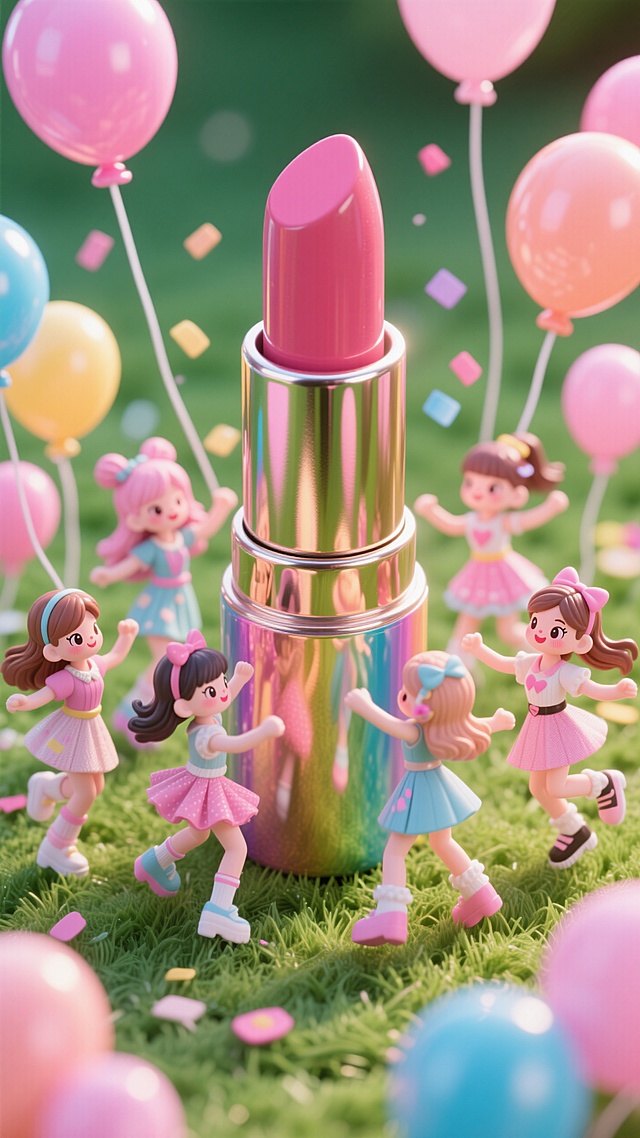 几个迷你时尚女孩围着一个巨大的口红跳舞，背景是草地上的气球派对，画面整体呈现粉色调