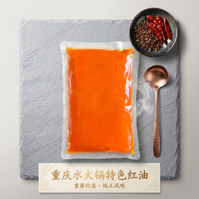重庆特色水火锅红油，袋装商品，新中式电商风格，展示商品本身，突出特色水火锅、重庆产地卖点，整体干净高端，适配淘宝天猫平台，1:1比例预览效果