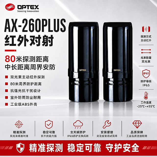 [主图-1] 首图品牌海报，AX-260PLUS红外对射探测器（80米），突出产品名称与专业安防形象，满版高信息密度构图。
[统一基调] 报警行业专业配色，白色与浅灰色为主背景，警示红色作点缀强调；字体为无衬线粗体，标题字深灰近黑，辅助字中灰，强调字警示红；排版克制高级，满版构图不留空白，空白处用产品优势文字填充；左上角放置OPTEX品牌LOGO。
[画面] 画面中心偏右放置AX-260PLUS红外对射探测器的发射端与接收端两台设备，正面微侧视角，完整展示黑色亮面外壳与OPTEX金色标识，产品外观严格保持原图不变，不扭曲不变形，产品占画面约55%；左侧大面积区域放置产品名称主标题与核心卖点文字；右侧与底部补充参数信息块；背景为柔和渐变的浅灰白棚拍背景，带有微妙的光影层次与产品倒影，背景做优化处理呈现高级棚拍质感。
[光影质感] 柔和棚拍光，主光从左上45度打下，产品表面高光清晰利落，黑色外壳反光自然真实，底部有柔和接触阴影与倒影，整体通透专业，无暗部死黑，产品体现大气风范。
[配色] 背景主色白色到浅灰渐变，标题字深灰色，辅助说明文字中灰色，重点关键词与分隔线用警示红色点缀，产品本体黑色亮面保持原色不变，杜绝深色单一颜色与太彩色花哨。
[文字版式] 左上角放置OPTEX品牌LOGO；左上部超大主标题"AX-260PLUS 红外对射"，字体粗厚醒目，产品名称文字优先凸显；主标题下方用警示红色短横线装饰；副标题"80米探测距离 中长距离周界安防"；下方依次排列5行核心卖点短句，每行前加红色小方块标识，内容包括：双光束主动红外探测、80米周界防护距离、抗强光抗干扰设计、室外防雨防尘耐用、工业级ABS外壳；产品右侧竖排补充参数信息块：探测方式 主动红外、光束数量 双光束、防护等级 IP65、工作温度 -25℃~+55℃；底部通栏放置"精准探测 稳定可靠 守护安全"品牌承诺语；所有空白位置用产品优势文字填充，不留空白位置；文字全部横排，层级清晰，不遮挡产品主体关键部位。
[输出要求] 1:1正方形比例，2048x2048像素，产品清晰锐利，文字清晰可读，排版满版无大面积空白；禁止产品变形、禁止文字错字、禁止深色单一背景、禁止太彩色花哨、禁止水印、禁止平台LOGO、禁止悬浮感、禁止原图外观扭曲改变。