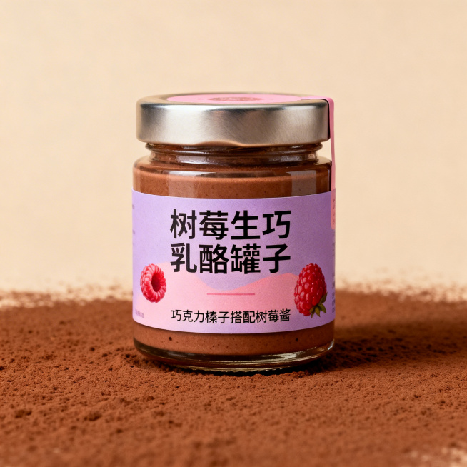 甜品罐子产品标签设计，主题为树莓生巧乳酪罐子，标注产品组合"巧克力榛子搭配树莓酱"，风格精致治愈，暖棕与粉紫配色，整体高级简约，适合食品包装预览效果