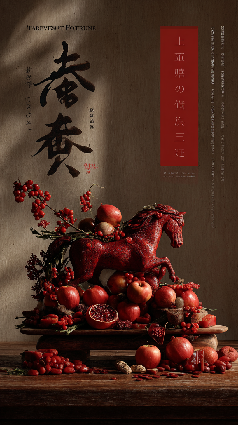 高级静物摄影海报，9:16。一张古朴的木桌上，丰盛的新年贡品（… - 图片创意预览