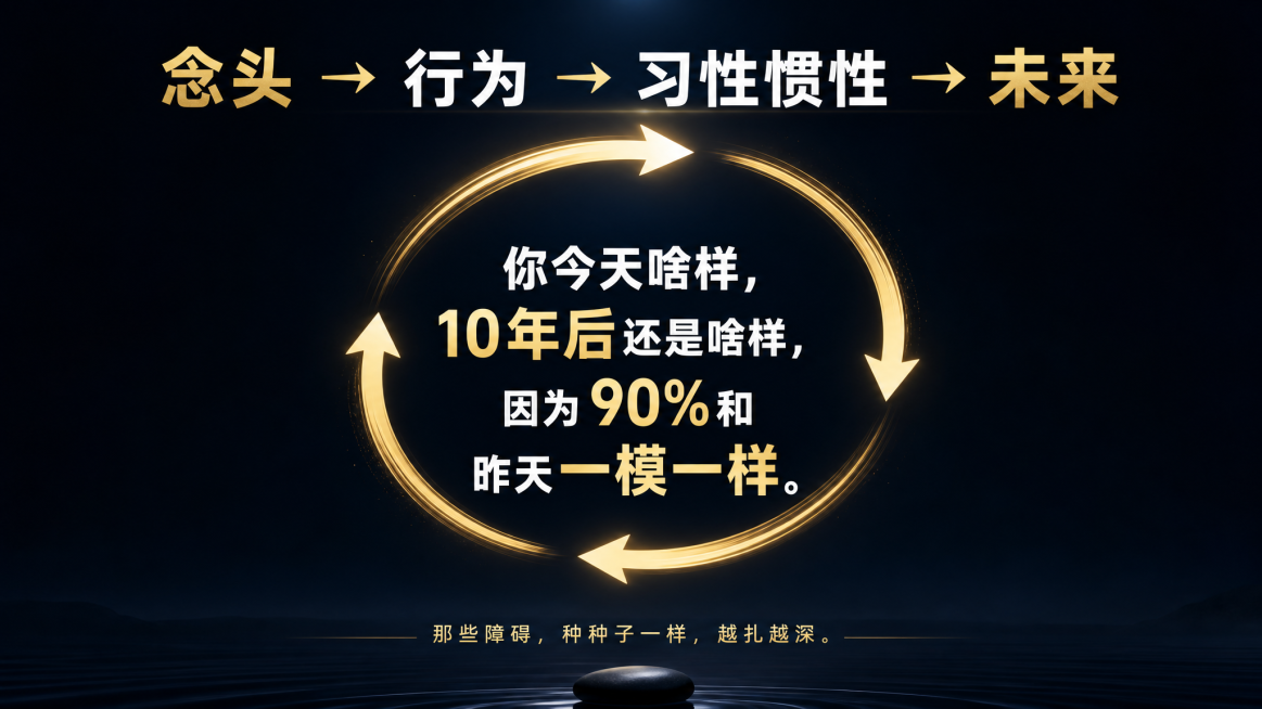 直播间干货PPT第4页，整体风格极简、高能量、有禅意，深蓝色黑色背景，文字为亮色。标题“念头 → 行为 → 习性惯性 → 未来”，中间绘制一个大的循环箭头图，核心警示文字“你今天啥样，10年后还是啥样预览效果