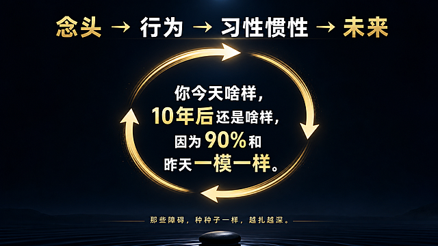 直播间干货PPT第4页，整体风格极简、高能量、有禅意，深蓝色黑色背景，文字为亮色。标题“念头 → 行为 → 习性惯性 → 未来”，中间绘制一个大的循环箭头图，核心警示文字“你今天啥样，10年后还是啥样，因为90%和昨天一模一样。”，底部一句文字“那些障碍，种种子一样，越扎越深。”，版式干净清晰，深色背景配白色金色文字