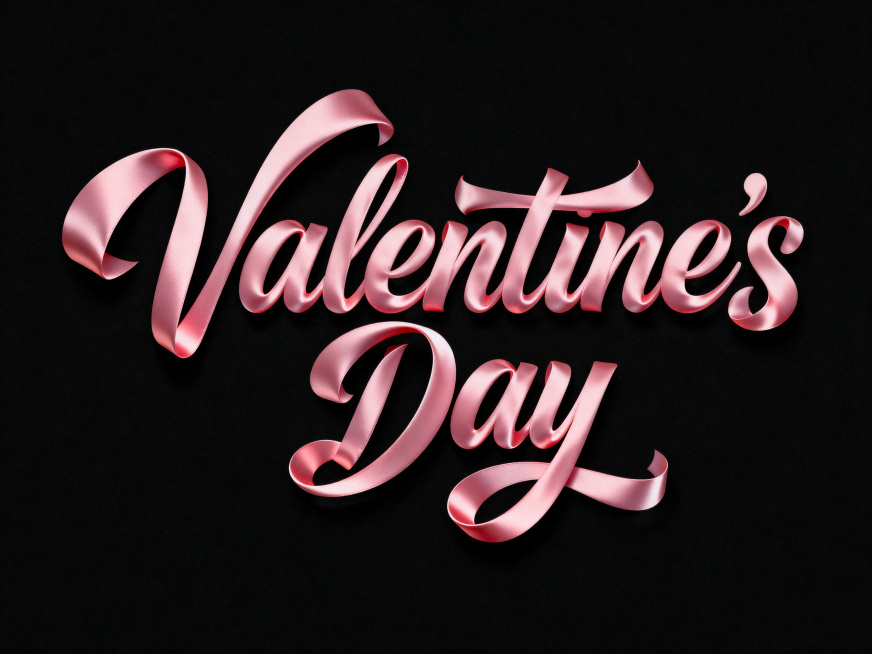 文字“Valentine's Day”，采用柔滑的粉色丝绸材质组成的花体字风格，将字体进行抽象变形（线条流畅且富有艺术感，笔划饱满流畅，创造出独特的节奏和动感），立体光影，纯黑色背景。预览效果